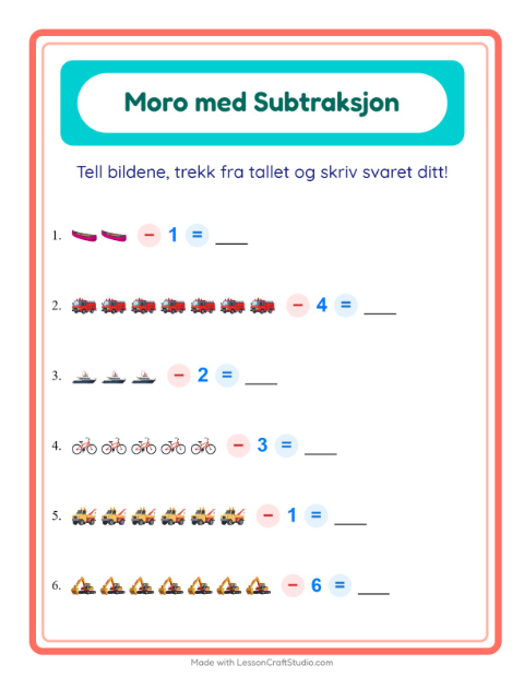Forhåndsvisning av Subtraksjon-arbeidsark med Kjøretøy for Barnehage (5-7 år)