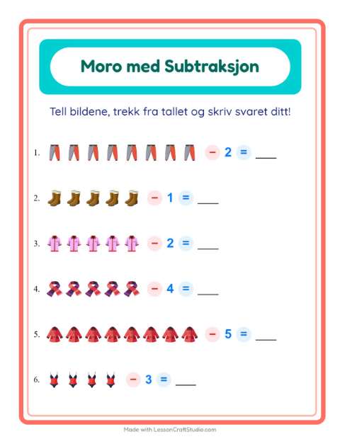 Forhåndsvisning av Subtraksjon-arbeidsark med Klær for Barnehage (5-7 år)