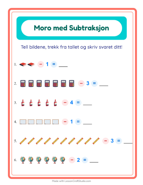 Forhåndsvisning av Subtraksjon-arbeidsark med Klasserom for Barnehage (5-7 år)