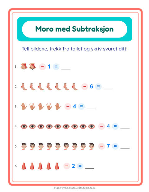 Forhåndsvisning av Subtraksjon-arbeidsark med Kroppsdeler for Barnehage (5-7 år)