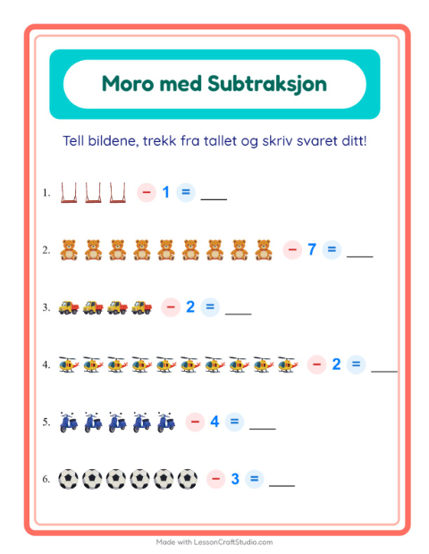 Forhåndsvisning av Subtraksjon-arbeidsark med Leker for Barnehage (5-7 år)