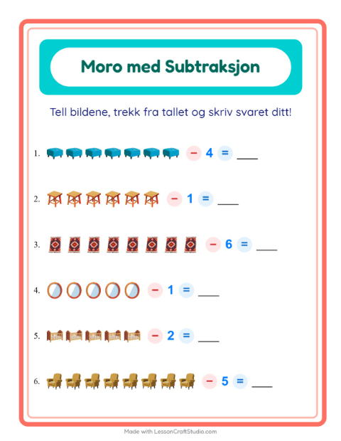 Forhåndsvisning av Subtraksjon-arbeidsark med Møbler for Barnehage (5-7 år)