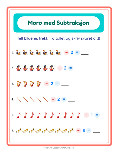 Forhåndsvisning av Subtraksjon-arbeidsark med Musikk for Barnehage (5-7 år)