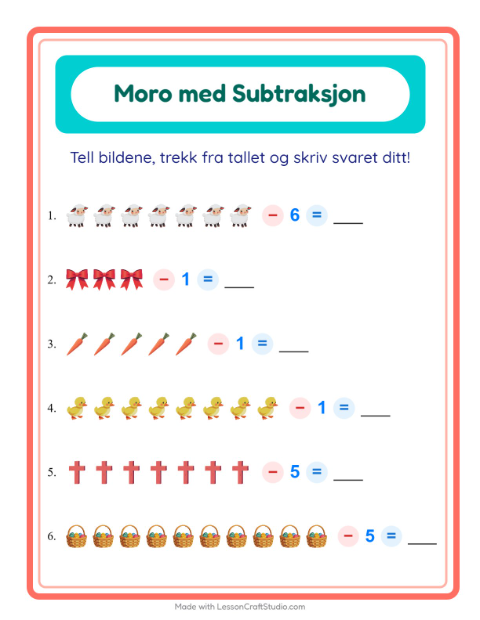 Forhåndsvisning av Subtraksjon-arbeidsark med Påske for Barnehage (5-7 år)