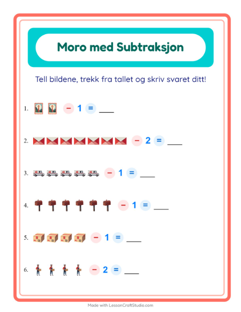 Forhåndsvisning av Subtraksjon-arbeidsark med Postkontor for Barnehage (5-7 år)