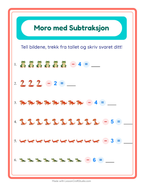 Forhåndsvisning av Subtraksjon-arbeidsark med Reptiler og amfibier for Barnehage (5-7 år)