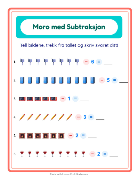 Forhåndsvisning av Subtraksjon-arbeidsark med Rundt i huset for Barnehage (5-7 år)