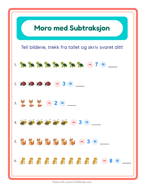 Forhåndsvisning av Subtraksjon-arbeidsark med Skogsdyr for Barnehage (5-7 år)