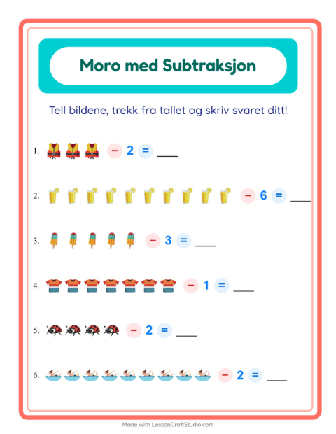 Forhåndsvisning av Subtraksjon-arbeidsark med Sommer for Barnehage (5-7 år)