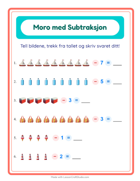 Forhåndsvisning av Subtraksjon-arbeidsark med Strand for Barnehage (5-7 år)