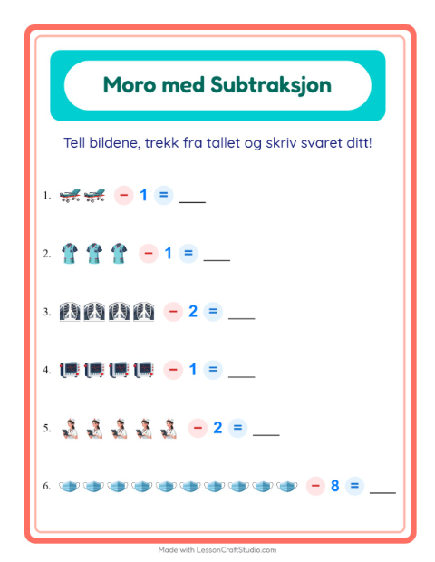 Forhåndsvisning av Subtraksjon-arbeidsark med Sykehus for Barnehage (5-7 år)