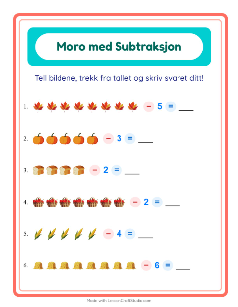 Forhåndsvisning av Subtraksjon-arbeidsark med Thanksgiving for Barnehage (5-7 år)