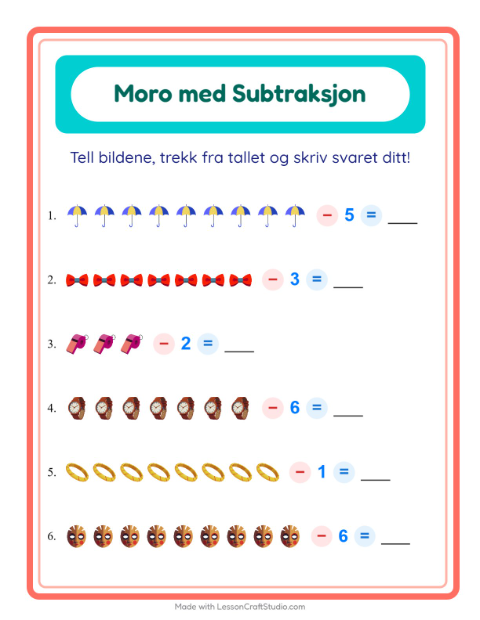 Forhåndsvisning av Subtraksjon-arbeidsark med Tilbehør for Barnehage (5-7 år)