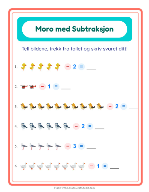 Forhåndsvisning av Subtraksjon-arbeidsark med Ting som flyr for Barnehage (5-7 år)