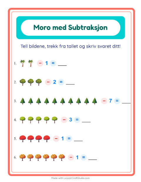 Forhåndsvisning av Subtraksjon-arbeidsark med Trær for Barnehage (5-7 år)