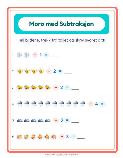 Forhåndsvisning av Subtraksjon-arbeidsark med Vær for Barnehage (5-7 år)