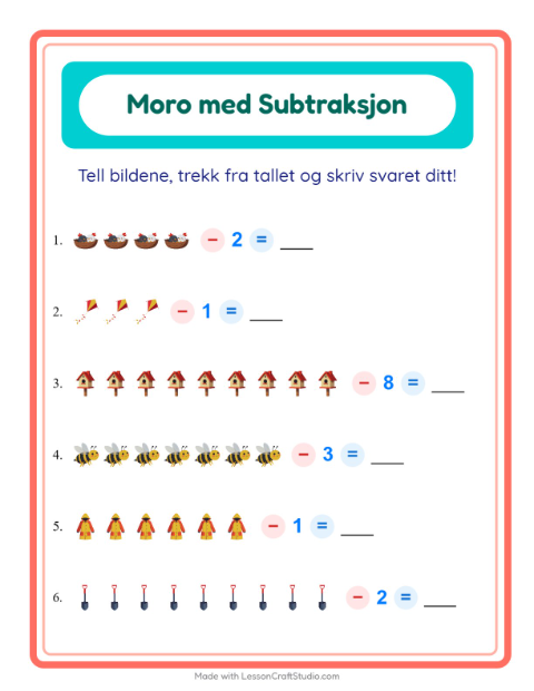 Forhåndsvisning av Subtraksjon-arbeidsark med Vår for Barnehage (5-7 år)