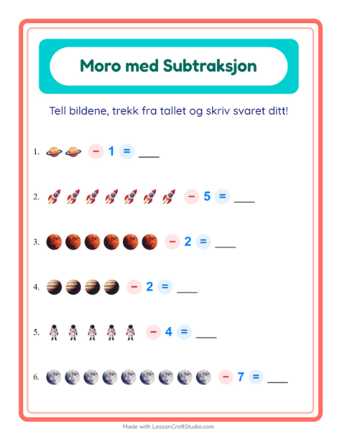 Forhåndsvisning av Subtraksjon-arbeidsark med Verdensrommet for Barnehage (5-7 år)