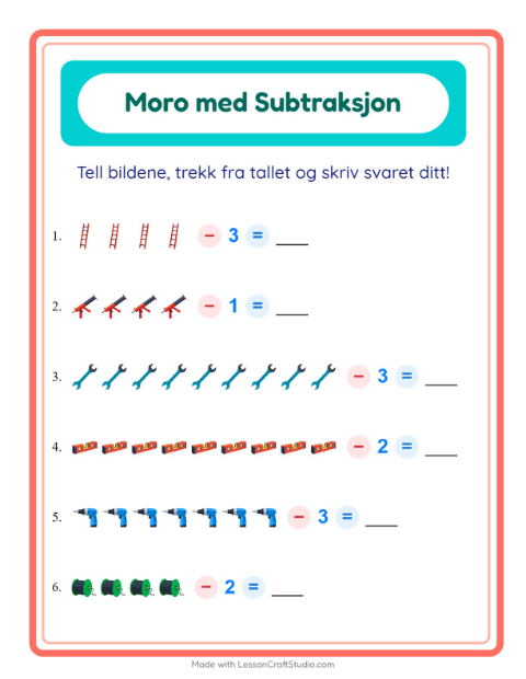 Forhåndsvisning av Subtraksjon-arbeidsark med Verktøy for Barnehage (5-7 år)