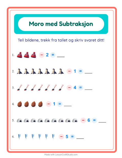 Forhåndsvisning av Subtraksjon-arbeidsark med Vinter for Barnehage (5-7 år)