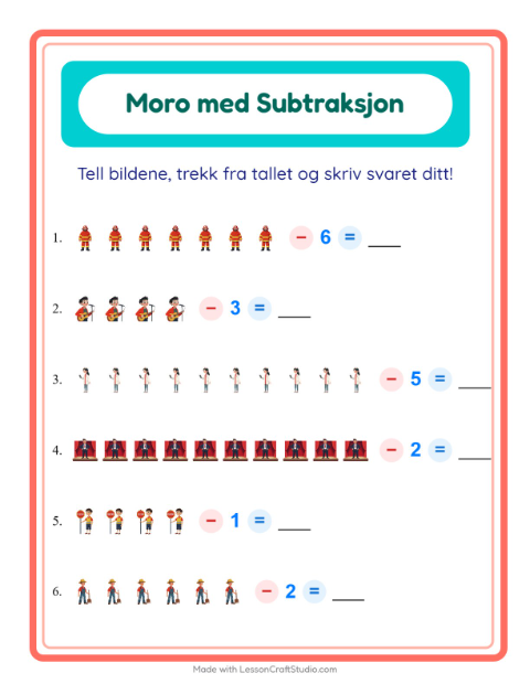 Forhåndsvisning av Subtraksjon-arbeidsark med Yrker for Barnehage (5-7 år)