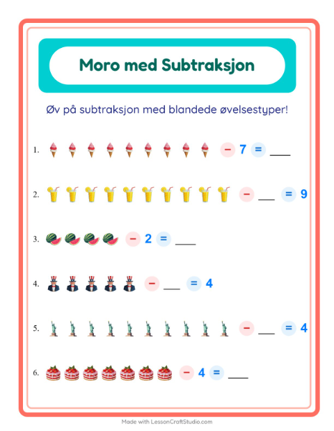 Forhåndsvisning av Subtraksjon-arbeidsark med 4. juli for Barnehage (5-7 år)