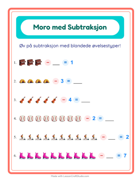 Forhåndsvisning av Subtraksjon-arbeidsark med Aktiviteter for Barnehage (5-7 år)