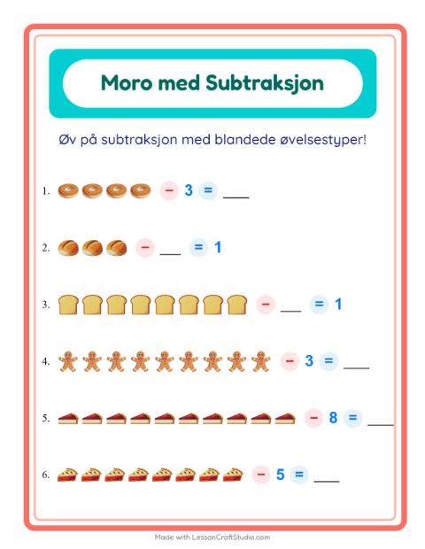 Forhåndsvisning av Subtraksjon-arbeidsark med Bakeri for Barnehage (5-7 år)