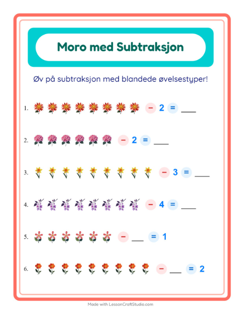 Forhåndsvisning av Subtraksjon-arbeidsark med Blomster for Barnehage (5-7 år)