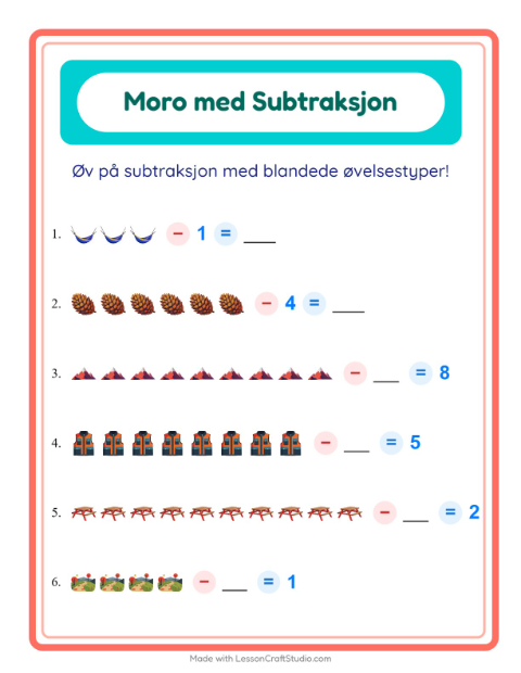 Forhåndsvisning av Subtraksjon-arbeidsark med Camping for Barnehage (5-7 år)