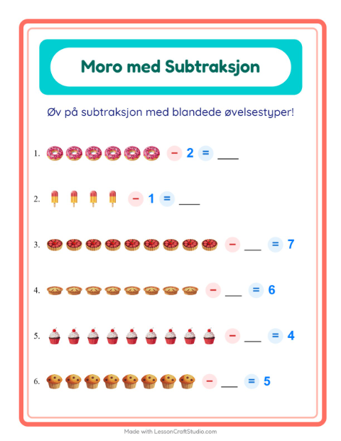 Forhåndsvisning av Subtraksjon-arbeidsark med Desserter og godteri for Barnehage (5-7 år)