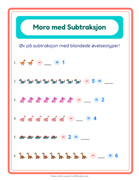 Forhåndsvisning av Subtraksjon-arbeidsark med Dinosaurer for Barnehage (5-7 år)