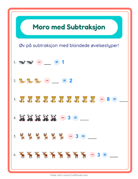 Forhåndsvisning av Subtraksjon-arbeidsark med Dyr for Barnehage (5-7 år)