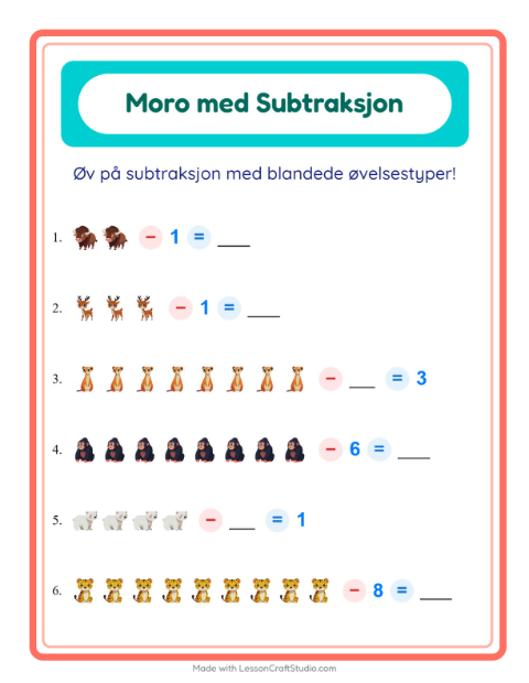 Forhåndsvisning av Subtraksjon-arbeidsark med Dyrehagedyr for Barnehage (5-7 år)