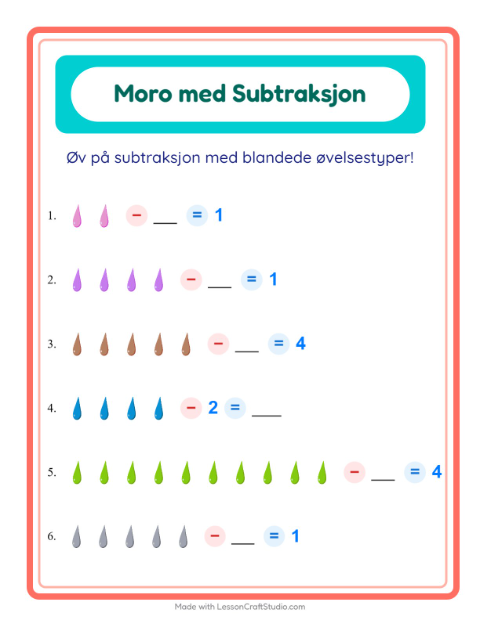 Forhåndsvisning av Subtraksjon-arbeidsark med Farger for Barnehage (5-7 år)