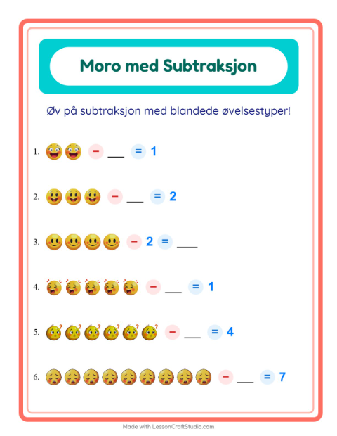Forhåndsvisning av Subtraksjon-arbeidsark med Følelser for Barnehage (5-7 år)