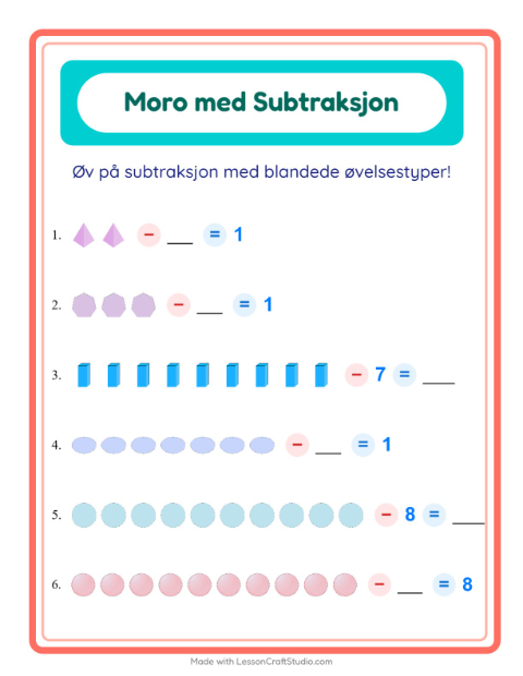 Forhåndsvisning av Subtraksjon-arbeidsark med Former for Barnehage (5-7 år)