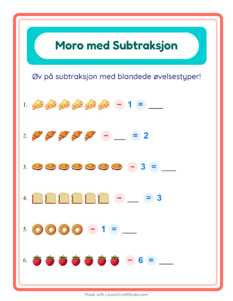 Forhåndsvisning av Subtraksjon-arbeidsark med Frokost for Barnehage (5-7 år)