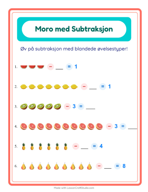 Forhåndsvisning av Subtraksjon-arbeidsark med Frukter for Barnehage (5-7 år)
