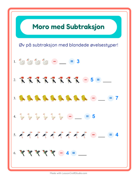 Forhåndsvisning av Subtraksjon-arbeidsark med Fugler 2 for Barnehage (5-7 år)
