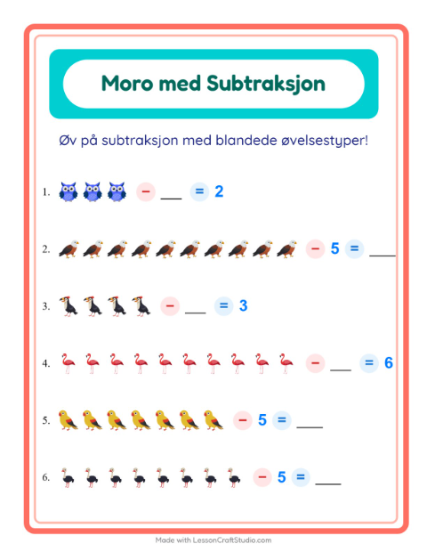 Forhåndsvisning av Subtraksjon-arbeidsark med Fugler for Barnehage (5-7 år)