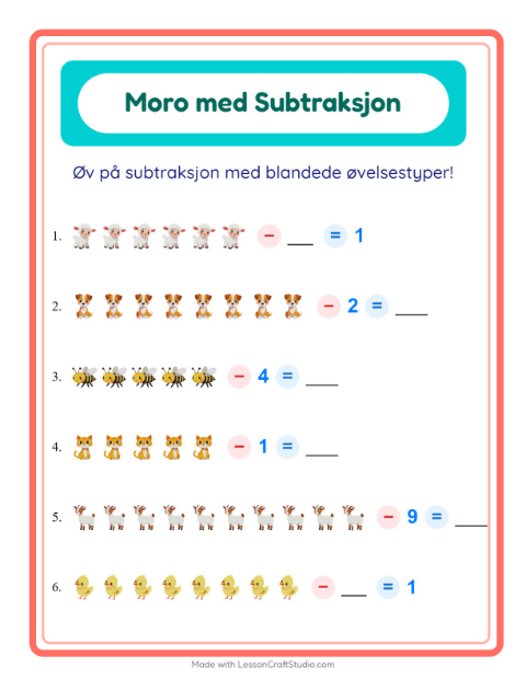Forhåndsvisning av Subtraksjon-arbeidsark med Gårdsdyr for Barnehage (5-7 år)