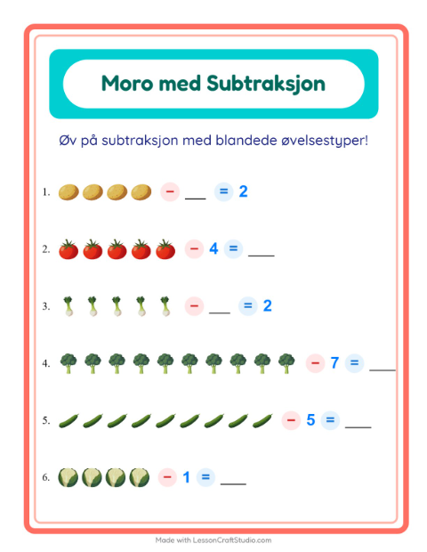 Forhåndsvisning av Subtraksjon-arbeidsark med Grønnsaker for Barnehage (5-7 år)