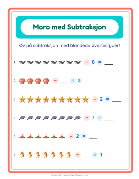 Forhåndsvisning av Subtraksjon-arbeidsark med Havliv for Barnehage (5-7 år)