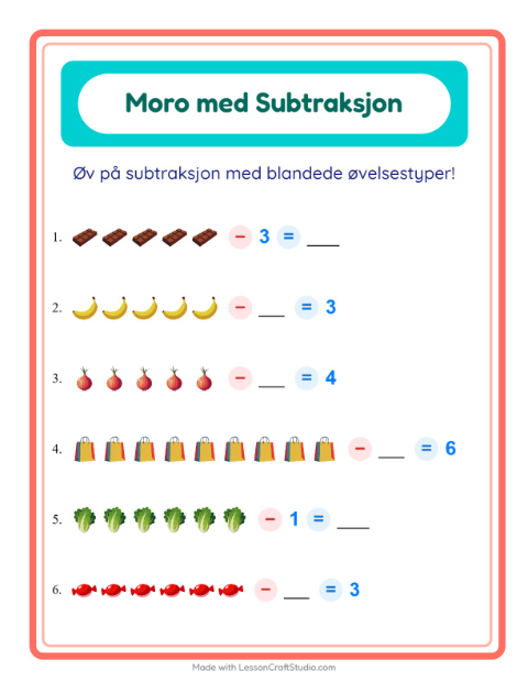 Forhåndsvisning av Subtraksjon-arbeidsark med I supermarkedet for Barnehage (5-7 år)