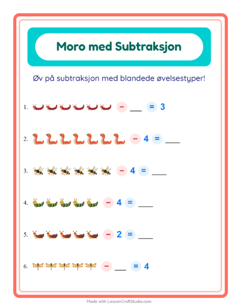 Forhåndsvisning av Subtraksjon-arbeidsark med Insekter og kryp for Barnehage (5-7 år)