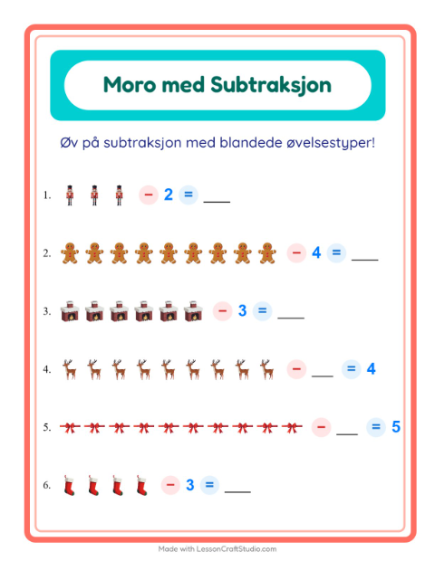 Forhåndsvisning av Subtraksjon-arbeidsark med Jul for Barnehage (5-7 år)