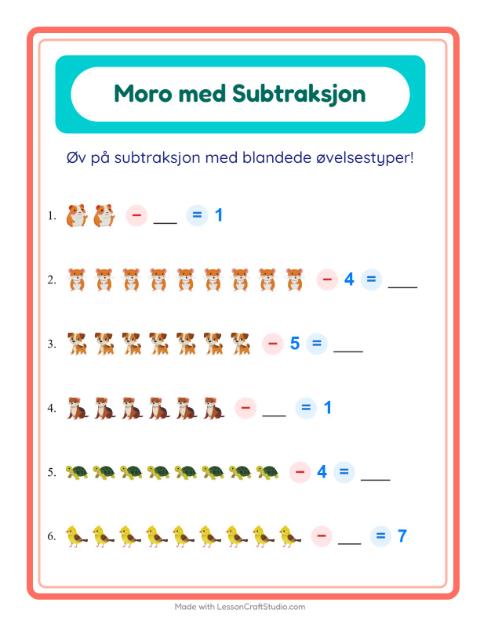 Forhåndsvisning av Subtraksjon-arbeidsark med Kjæledyr for Barnehage (5-7 år)