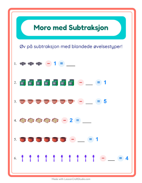 Forhåndsvisning av Subtraksjon-arbeidsark med Kjøkkenredskaper for Barnehage (5-7 år)