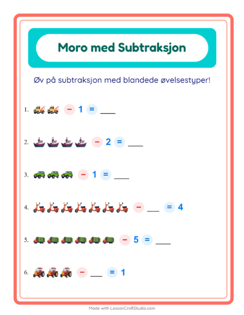 Forhåndsvisning av Subtraksjon-arbeidsark med Kjøretøy for Barnehage (5-7 år)
